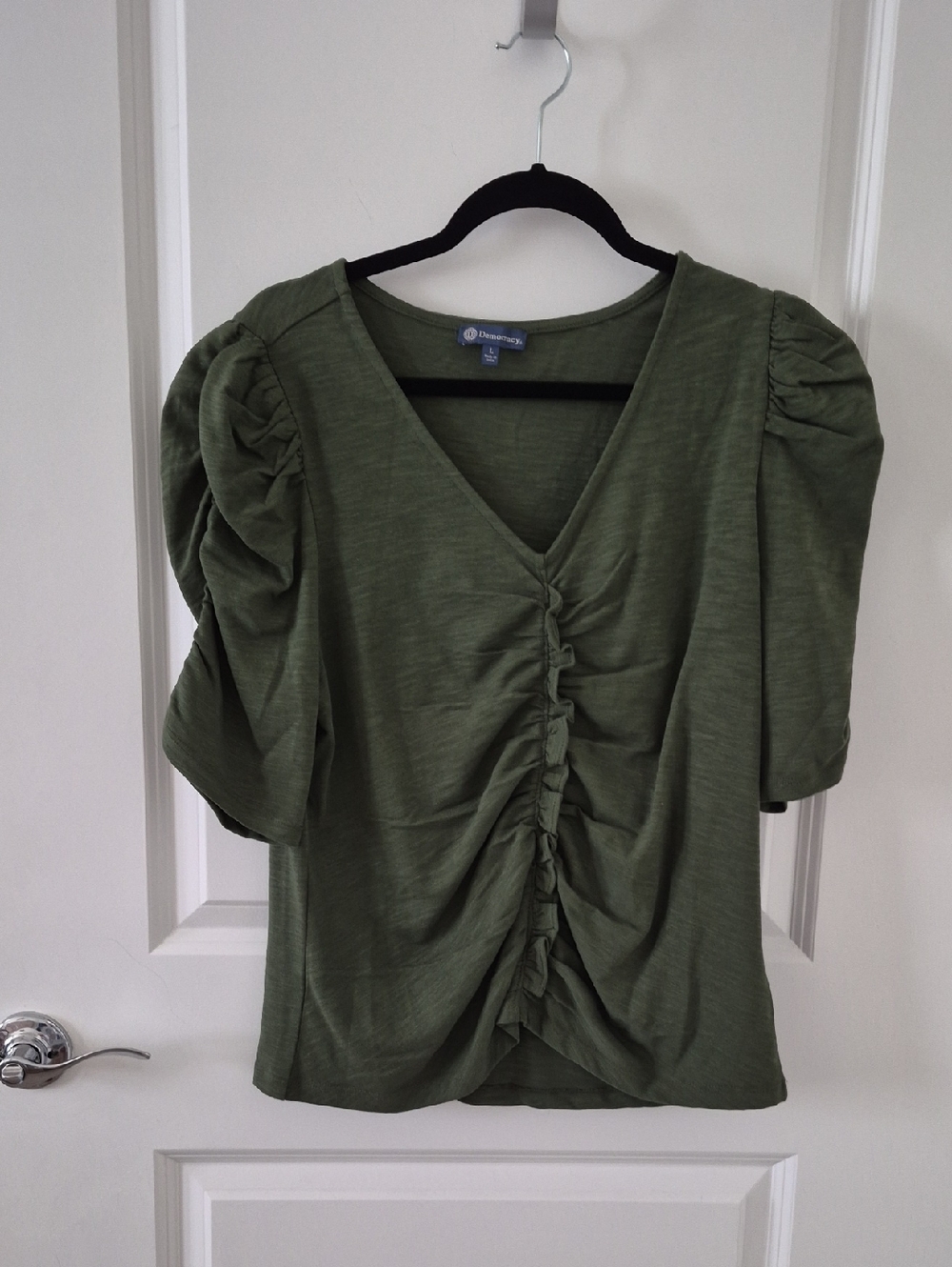 Democracy Green Ruched Front Puff Sleeve Top